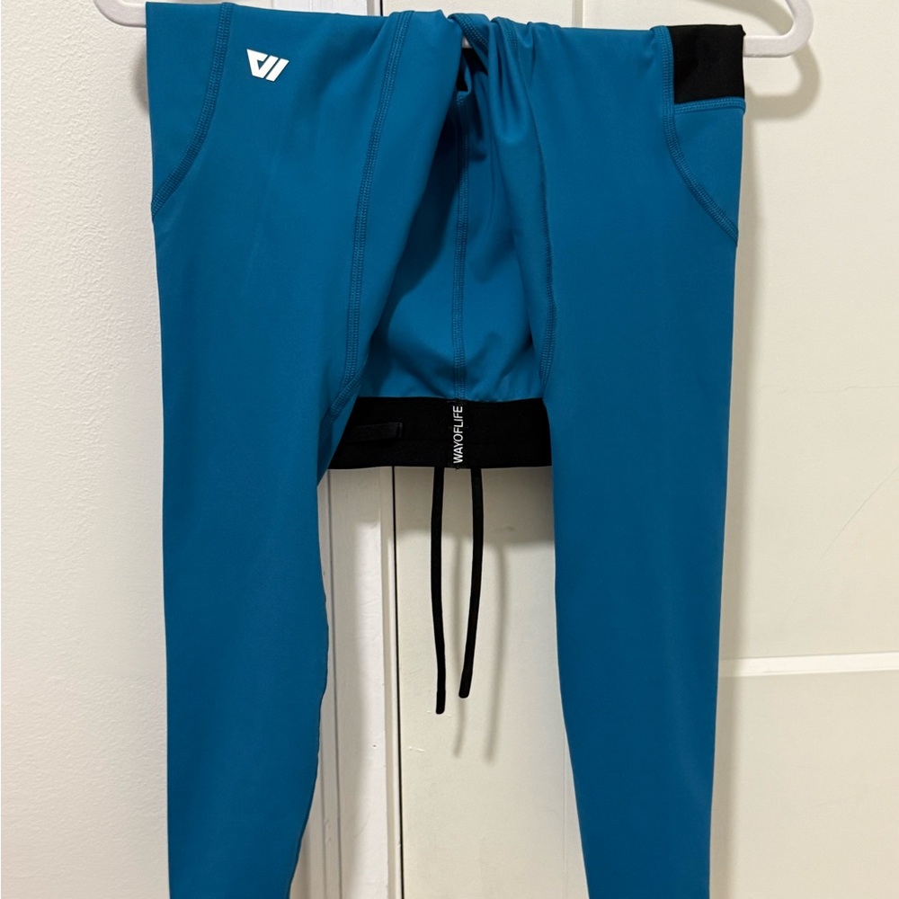 WOLACO Running Leggings XS Blue Black Compression Pockets Drawstring